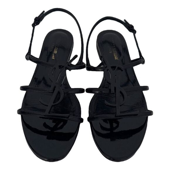Saint Laurent Cassandra YSL Logo Black Patent Leather Sandals Size EU 38 US 8 - Picture 1 of 9
